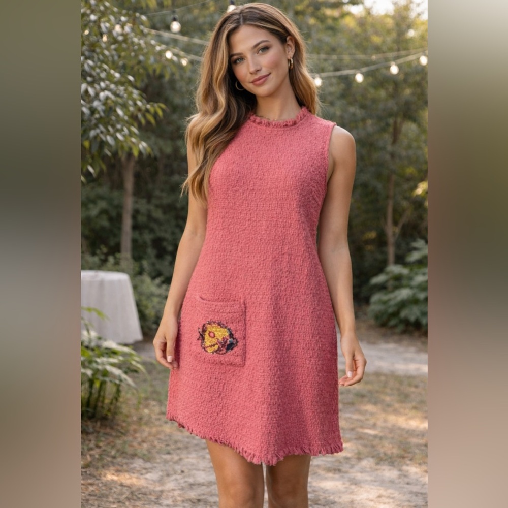 Frances Valentine Strapeless Dress XS Pink Boucle Sleeveless Beaded Sequin Trim
